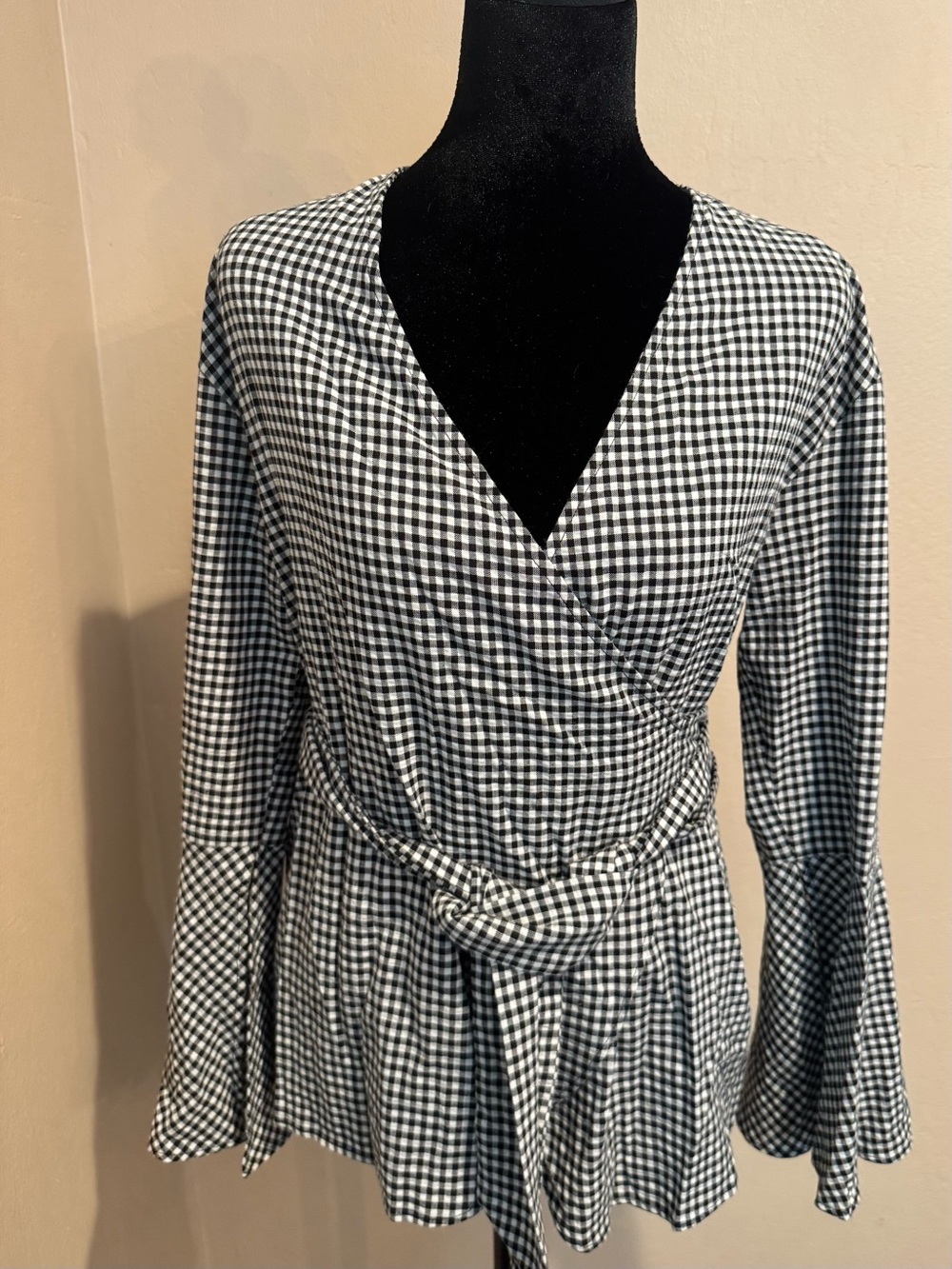 Black and White Gingham Wrap Blouse with Tie Waist and Slit Bell Sleeves
